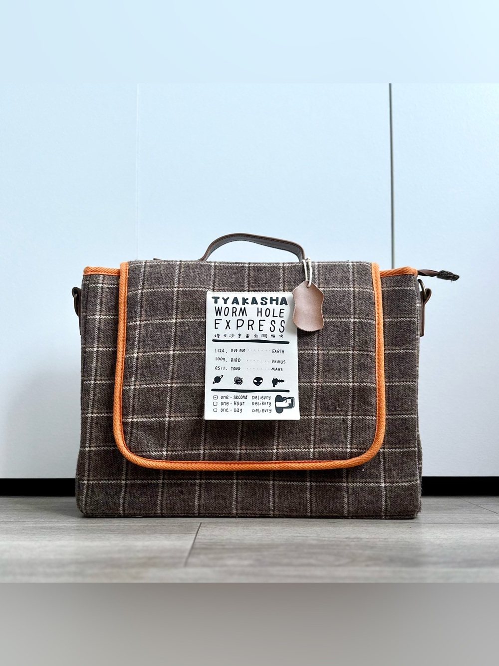 TYAKASHA Worm Hole Express Brown Plaid Tweed Satchel Laptop Bag
